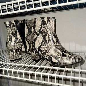 Black and White Snakeskin Ankle Boots with Pointed Toe and Moderate Heel